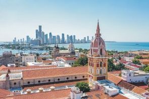 Drone images of Cartagena, Colombia from above. Bocagrande, Centro Historico