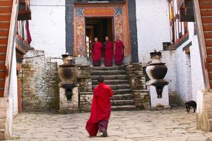 Mönche am Jakar Dzong in Bhutan
