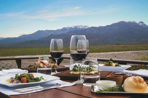 Weinverkostung im Freien in Mendoza mit Blick auf die Anden und umliegende Weinberge
